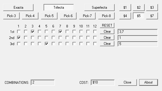 Trifecta horse racing betting box, wheel, payouts.